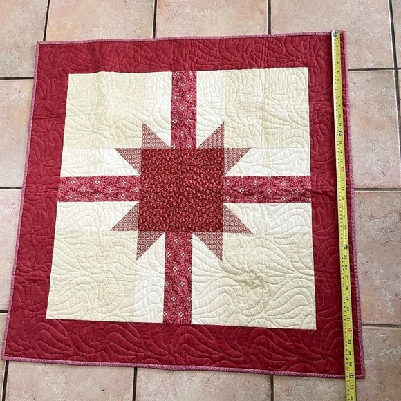 Handmade Red Cream Quilt 36” Square - Picture 2 of 6